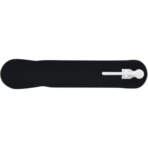 A plastic pen in a sleek, black design with a white writing tip.
