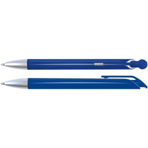Two blue plastic pens with silver accents, one featuring a retractable click mechanism and the other a cap design.