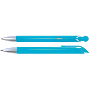 A plastic pen in a vibrant turquoise color with a silver clip and accents, featuring a sleek, streamlined design.