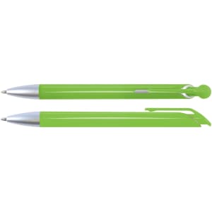 A bright green plastic pen with a silver tip and clip, featuring a sleek design. It includes a logo on the barrel.