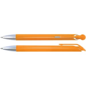 An orange plastic pen with a silver clip and tip, accompanied by another similar pen.
