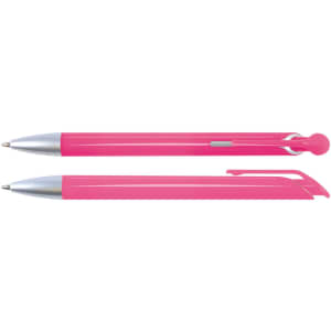 A set of two pink plastic pens with silver accents and distinct designs. One is retractable, while the other has a clip.