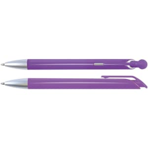 A purple plastic pen with silver accents, featuring a sleek design and a clip for easy attachment.