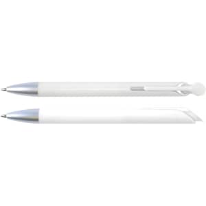 A set of white plastic pens with silver accents, featuring a clip and a smooth design.