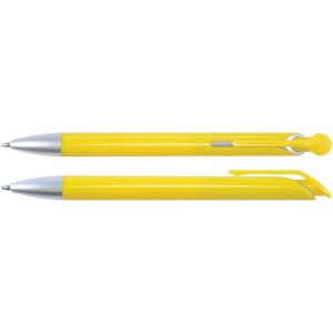 A set of yellow plastic pens with silver accents, featuring a click mechanism and a sleek design.