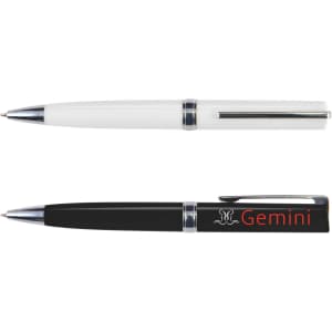 A white plastic pen and a black plastic pen, both featuring shiny accents and a logo.