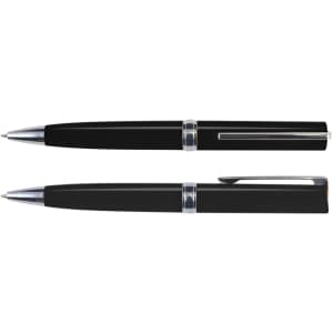 A Gemini Pen in sleek black plastic with chrome accents, displayed in two positions: one capped and one uncapped.