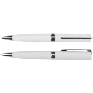A white plastic pen set featuring a sleek design with silver accents and a logo.