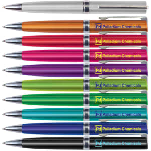 A collection of Gemini Metallic Pens in silver, orange, pink, red, green, blue, and purple, each with a branding logo.