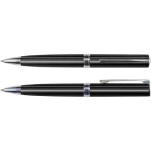 A pair of black metallic pens, featuring sleek designs and a glossy finish, displayed against a white background.