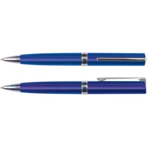 A blue metallic pen set with silver accents, featuring two styles of pens, both with logos.