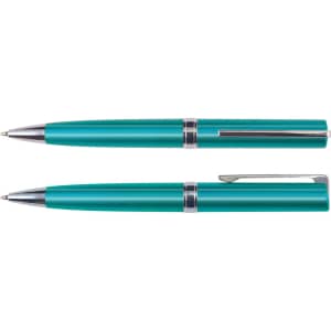 A metal pen set in teal with silver accents, featuring a click mechanism and a cap. Includes two pens.