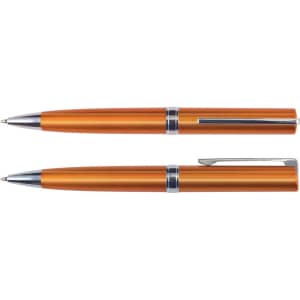 A pair of Gemini Metallic Pens in an orange metallic finish, featuring sleek designs and silver accents.