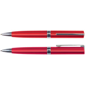 A set of two red metallic pens, each with silver accents and a sleek design.
