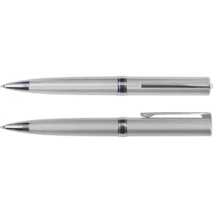 A silver metallic pen set featuring two styles, with sleek designs and chrome accents, includes a logo.