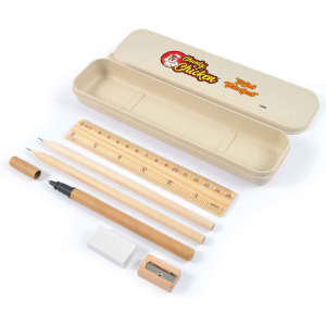 A stationery set in a beige case, featuring a pencil, pen, ruler, eraser, and sharpener, with a logo on the case.