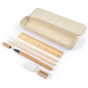A stationery set featuring a beige case, pencils, a ruler, an eraser, a sharpener, and a pen.