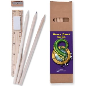A stationery set with three pencils, a ruler, an eraser, and a branded cardboard holder featuring a logo.