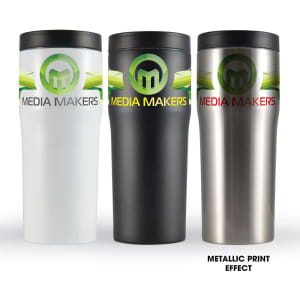 A drink bottle set featuring three thermoses in white, black, and metallic finishes with a logo design.