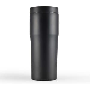 A drink bottle with a sleek, matte black finish and a black lid, featuring a rounded body and branded logo.