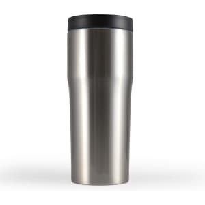 A drink bottle featuring a sleek stainless steel design with a black lid, intended for travel use.