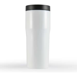 A drink bottle designed for travel, featuring a sleek white body and a black lid.