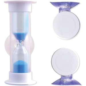 A water-saving shower timer in a transparent casing with blue sand, featuring a white base and top.