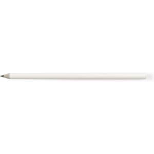 A grey-lead pencil made from recycled newspaper. The pencil features a smooth white exterior and a sharpened tip.