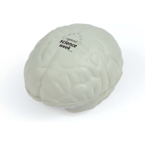 A white brain-shaped stress reliever with a textured surface and a logo on it.