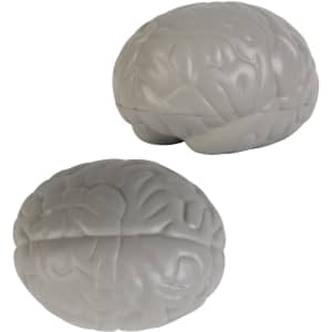 A grey brain-shaped stress reliever with detailed texture, featuring a logo.