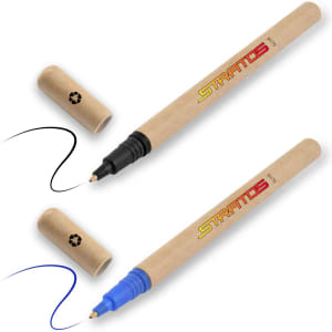 A cardboard pen with a black and a blue ink tip, featuring a logo and removable caps.
