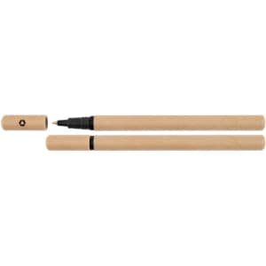 A cardboard pen with a black tip and cap, featuring a recycling symbol on it.