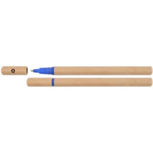 A blue pen with a cardboard exterior and a matching cap, featuring a recycling symbol.