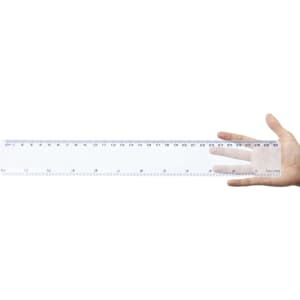 A transparent 30cm ruler held in a hand, featuring measurements in centimeters and inches.