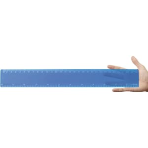 A transparent blue 30cm ruler held in a hand, featuring clear measurement markings along its length.