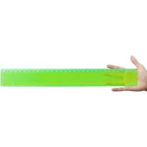 A transparent green 30cm ruler held in a hand, featuring both metric and imperial measurements.