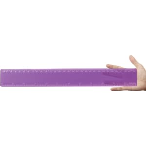 A transparent purple 30cm ruler held in a hand, featuring clear measurement markings.