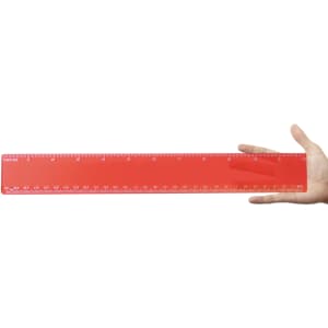 A red transparent 30cm ruler is being held in a hand. The ruler features clear measurement markings along its length.