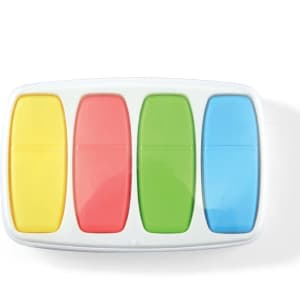 A set of four highlighters in yellow, red, green, and blue, arranged in a compact case.