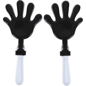 A pair of black hand-shaped clappers with white handles, designed for creating noise and visual appeal.