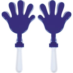 A set of two blue hand-shaped clappers with clear handles.
