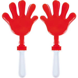 A pair of colorful red hand-shaped clappers with transparent handles.