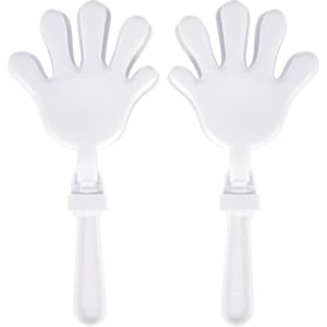 A pair of white hand-shaped clappers with clear handles, designed for making noise.