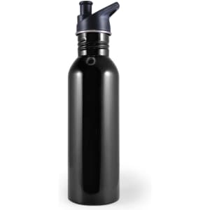 A drink bottle in shiny black with a dark blue cap and a flip-top spout. It features a logo.