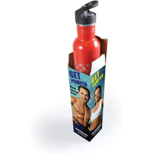 A red drink bottle is inside a cardboard display, featuring a logo and promotional imagery on the sides.