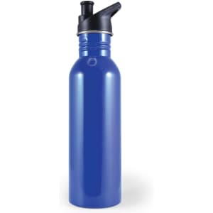 A drink bottle in a vibrant blue color with a black spout and cap, featuring a logo.