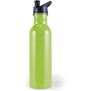 A drink bottle in a vibrant green color with a black flip-top spout.