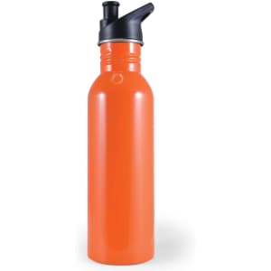 A drink bottle in a vibrant orange color featuring a black spout and cap.