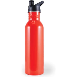 A drink bottle with a glossy red finish and a black lid featuring a spout. It has a logo on it.