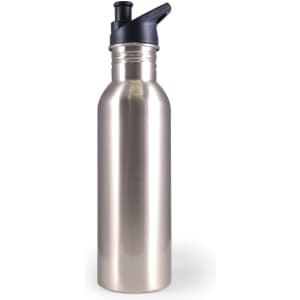 A drink bottle with a sleek stainless steel design and a black flip-top spout.